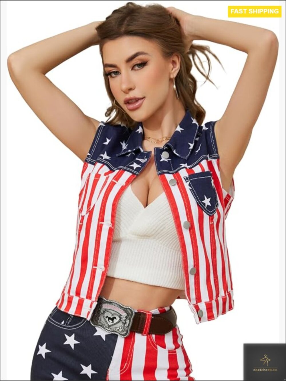 Vintage Denim Vest Sleeveless Jean Jacket with Stars and Stripes Button Front
